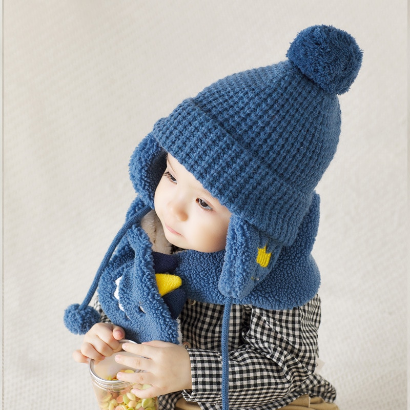 Set van 2 winterse babymutsen, sjaals en mutsen met pompons voor kinderen, voor meisjes en jongens, met fleecevoering en mutsen voor kinderen.