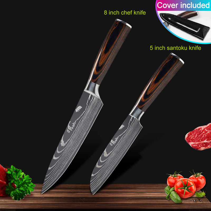 Köksknivar set kockknivar rostfritt stål imitation damaskus mönster santoku klyv skärning verktygsknivar: 2 st uppsättning b