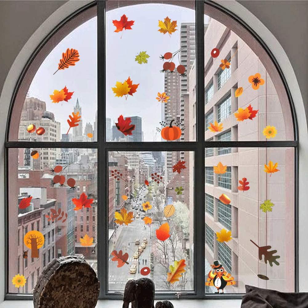 6PCS Thanksgiving Fall Autumn Leaves Acorns Window Sticker Fall Window Clings Decals for Thanksgiving DecorationsParty Supplies