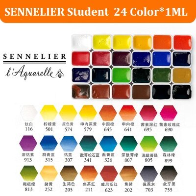 Handmade 24 Color 1ML Watercolor Set Artist Painting Watercolors Art Supplies Sample Trial Pack Metal Palette: SENNELIER 24