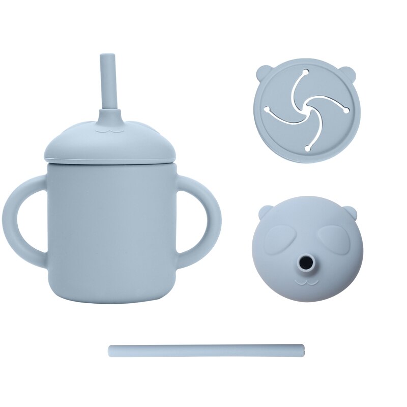 6 Kleur Baby Sippy Cup Cartoon Panda Food Grade Siliconen Dual Purpose Cup Draagbare Opslag Snack Container Cup Met Stro: powder blue
