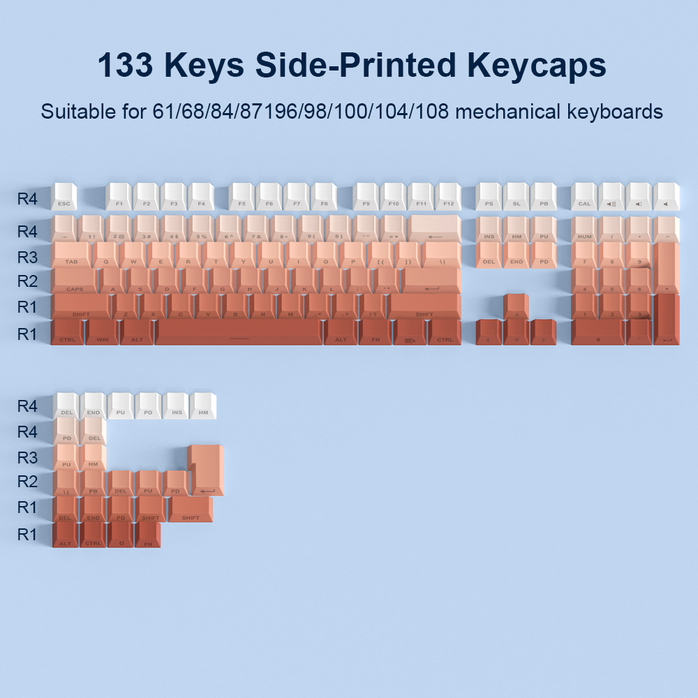 Pbt-materiaalista valmistetut 133 näppäintä, kirsikanväriset harmaat liukuvärjätyt näppäinhatut, sivulta kaiverrettu sublimaatiotekniikka mekaanisille näppäimistön näppäinhatuille: Punainen
