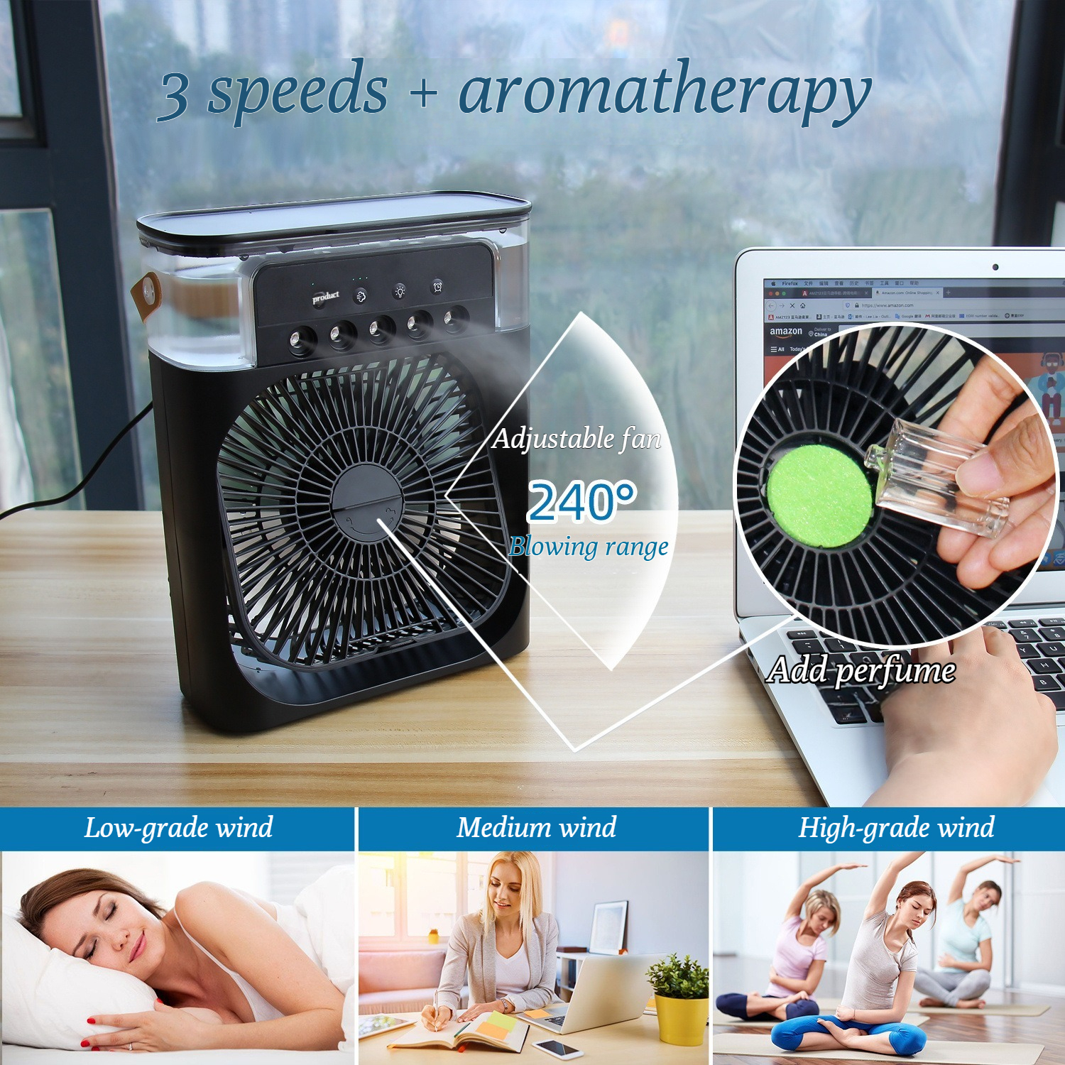 Ventilador humidificador USB de aromaterapia con 5 pulverizadores para enfriar aire acondicionado, dormitorio de oficina y ventilador de llenado de agua para uso doméstico
