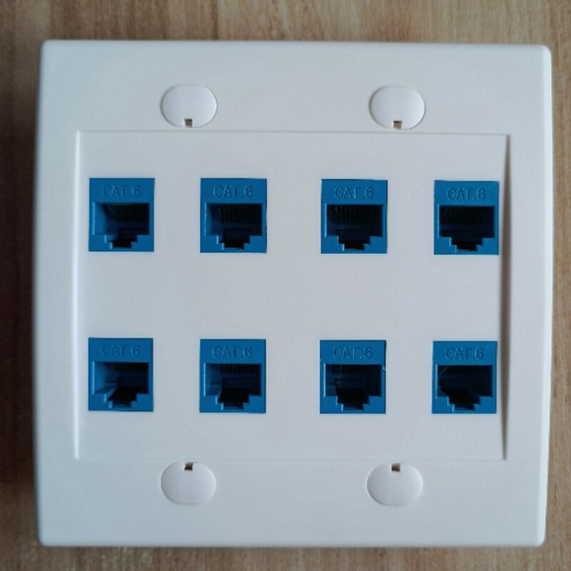 Ethernet Wall Plate 8 Port - Double Gang Cat6 RJ45 Keystone Jack Network Cable Faceplate Female to Female - Blue