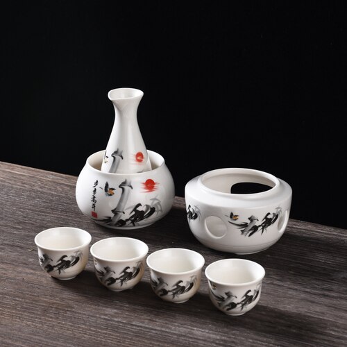 Ceramic 6 Cup Wine Pot Set Vintage Ceramic Sake Warmer Jug Glasses Household Spirits Rice Wine Vodka Copas De Vino Box: 4 PCS Wine Set A