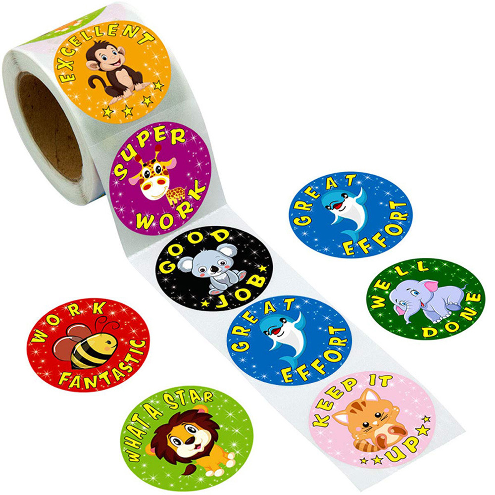 500pcs/roll Reward Stickers Encouragement Sticker Teacher Stickers Good Job Cute Kawaii Cartoon Animals for Kids for Children