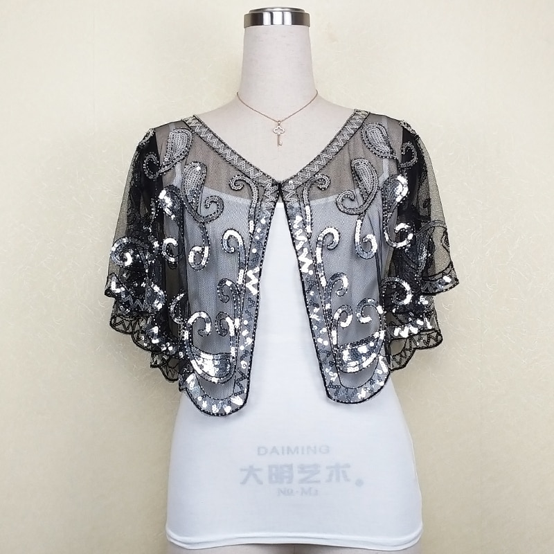 Capa de boda con cuentas de lentejuelas para mujer, Bolero, Capa, color negro, dorado y plateado, 5 colores