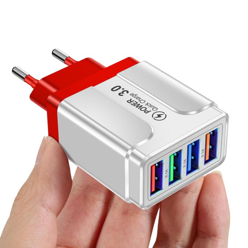 Mobiele Telefoon Reizen Opladen Hoofd Voor Iphone 12 Xiaomi Huawei Tablet Draagbare Eu/Us/Uk Plug 3.1A Vlinder 4 Usb Lader: RED EU