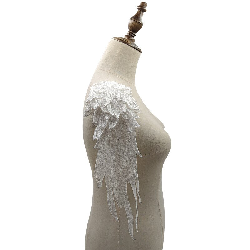 Accesorios de alas de ángel para vestido de banquete, calcomanía bordada de múltiples capas de encaje ahuecada hecha a mano, accesorios de Color sólido, 1 par: White