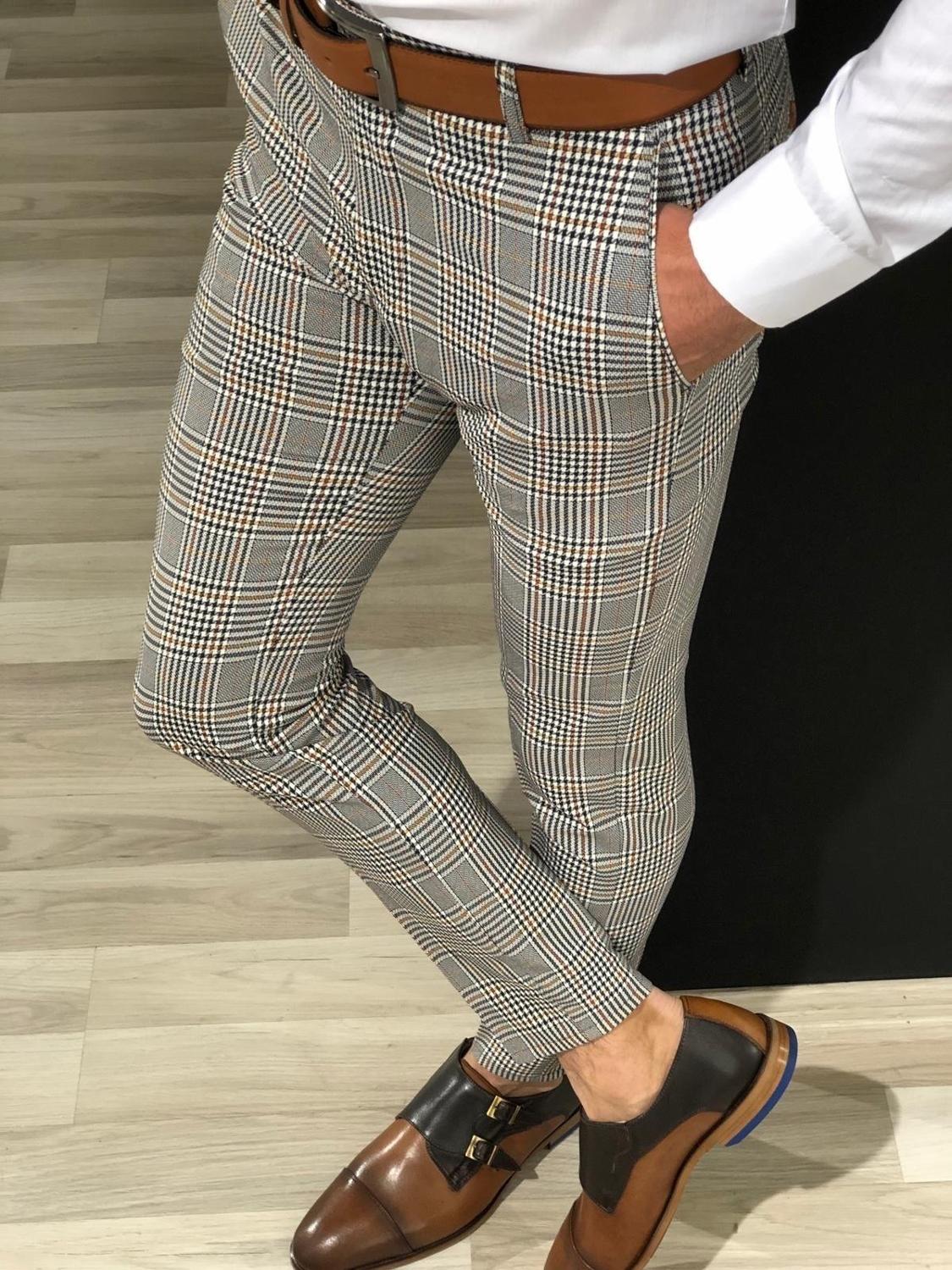 Mænd vintage plaid jakkesæt bukser formel kjole business casual slim fit bukser bryllupsfest formel klassiske ternede jakkesæt bukser