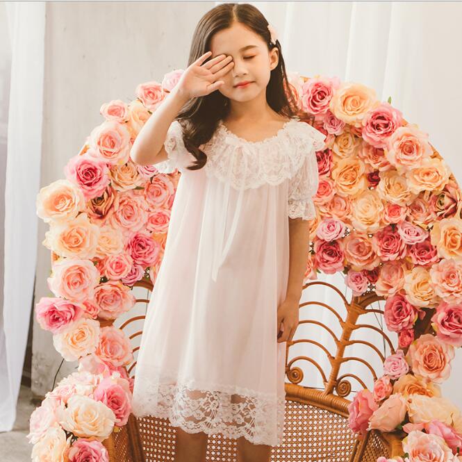 Cotton Kids Nightgowns Princess Lace Summer Girls Ruffles Sweet Style Nightgowns Baby Girl Sleepwear 4 6 8 10 12 14Year: Pink / 130