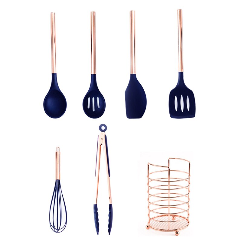 6/7 Pcs Silicone Kitchen Spatula Set,Cooking Utensils Sets with Rose Gold Handle Silicone Kitchen Tools Non-stick Kitchenware: 7PCS dark blue
