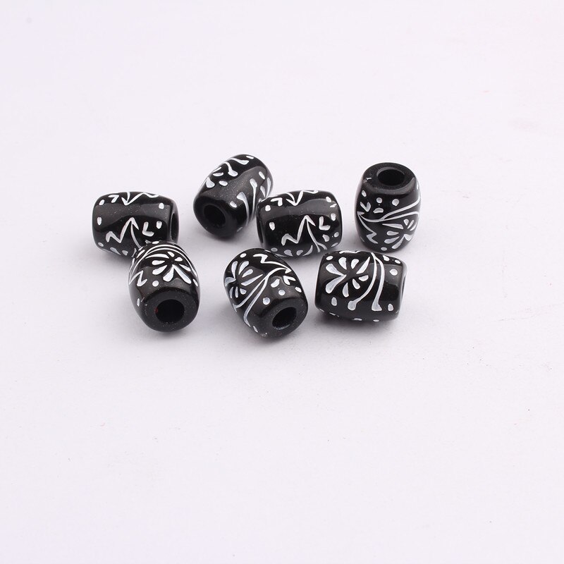 10 Stks/set Pruik Haar Ring Stijl Kralen Zwarte Print Plastic Groot Gat Kralen Afrikaanse Geweven Decoratieve Kralen Kralen Voor Vlechten