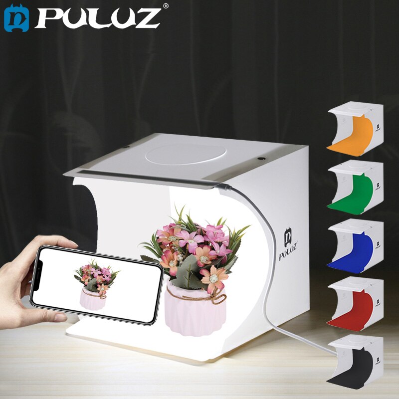 PULUZ 20*20 cm 8 Mini Vouwen Studio Diffuse Soft Box Lightbox Met LED Licht Zwart Wit Fotografie Achtergrond fotostudio doos