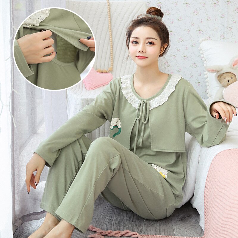 3 farve bomulds barsel ammepyjamas sæt forår efterår ammekåbe til gravide kvinder graviditet nattøj lounge: 720 / L