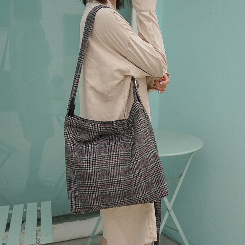 Kvinner tykk ull lerret skulderveske kvinnelig årgang preppy rutete glidelås crossbody vesker jenters butikk kapasitet justerbare vesker