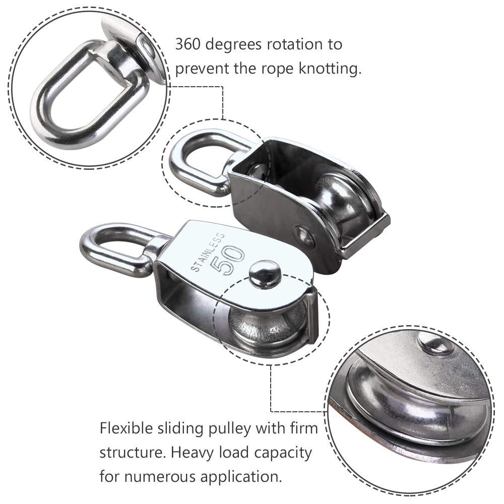 2 Pack M50 Single Pulley Block Heavy Duty 304 Stainless Steel Pulley Roller Crane Swivel Hook Wheel Fixed Pulley Swivel Rigging