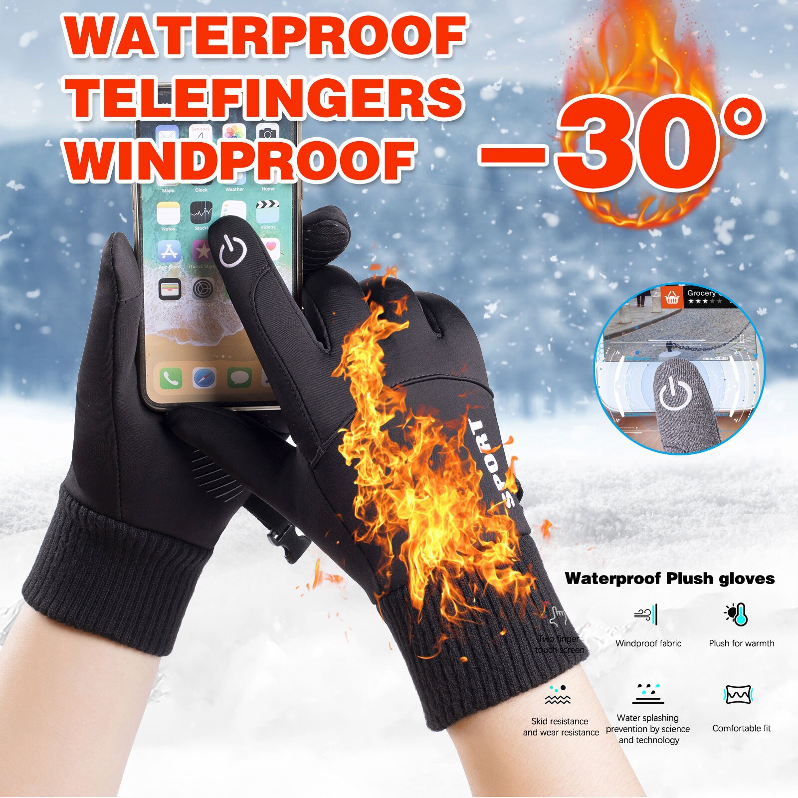 Koude-Proof Unisex Waterdichte Winter Handschoenen Fietsen Pluis Warme Handschoenen Voor Touchscreen Koud Weer Winddicht Anti Slip