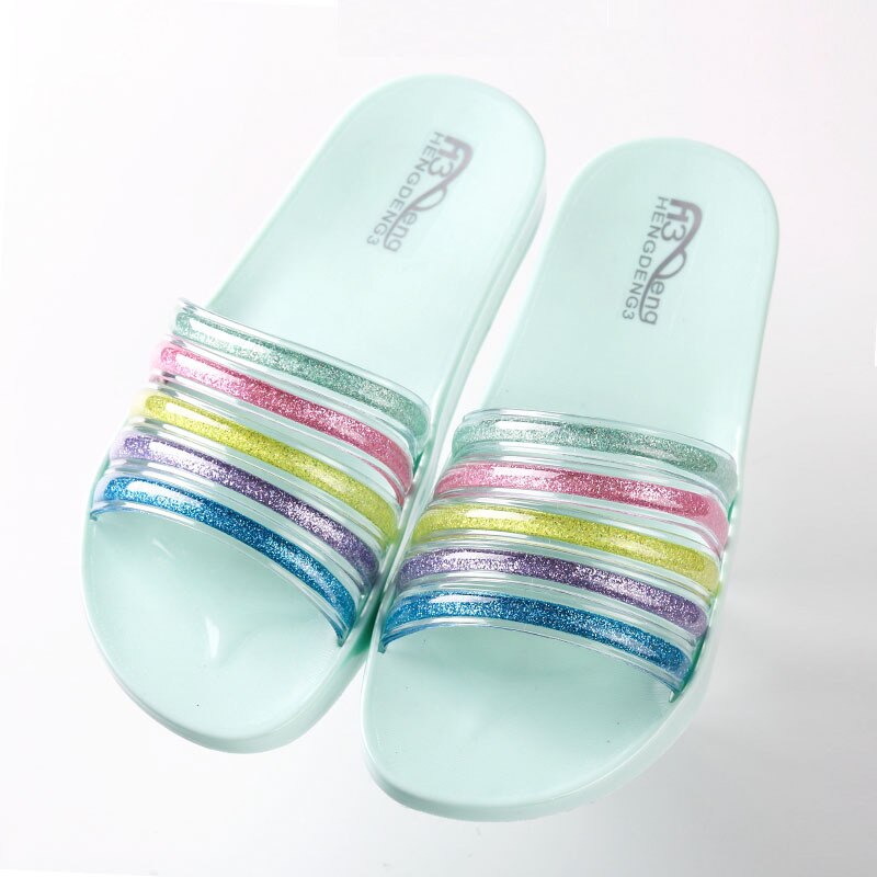 Transparent arc-en-ciel adolescent filles pantoufles enfants maison chaussures été cristal pantoufles intérieur maison antidérapant salle de bain pantoufles: green / 37