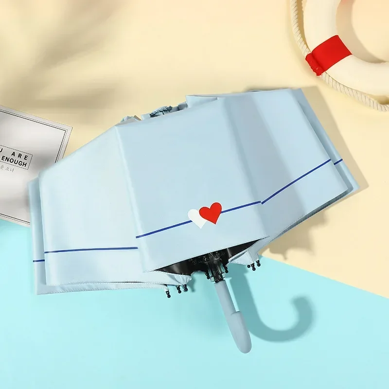 J-formet håndtakslomme mini-paraply anti-uv paraguas solparaply regn vindtett 3 sammenleggbare bærbare paraplyer for kvinner og barn: Himmelblå