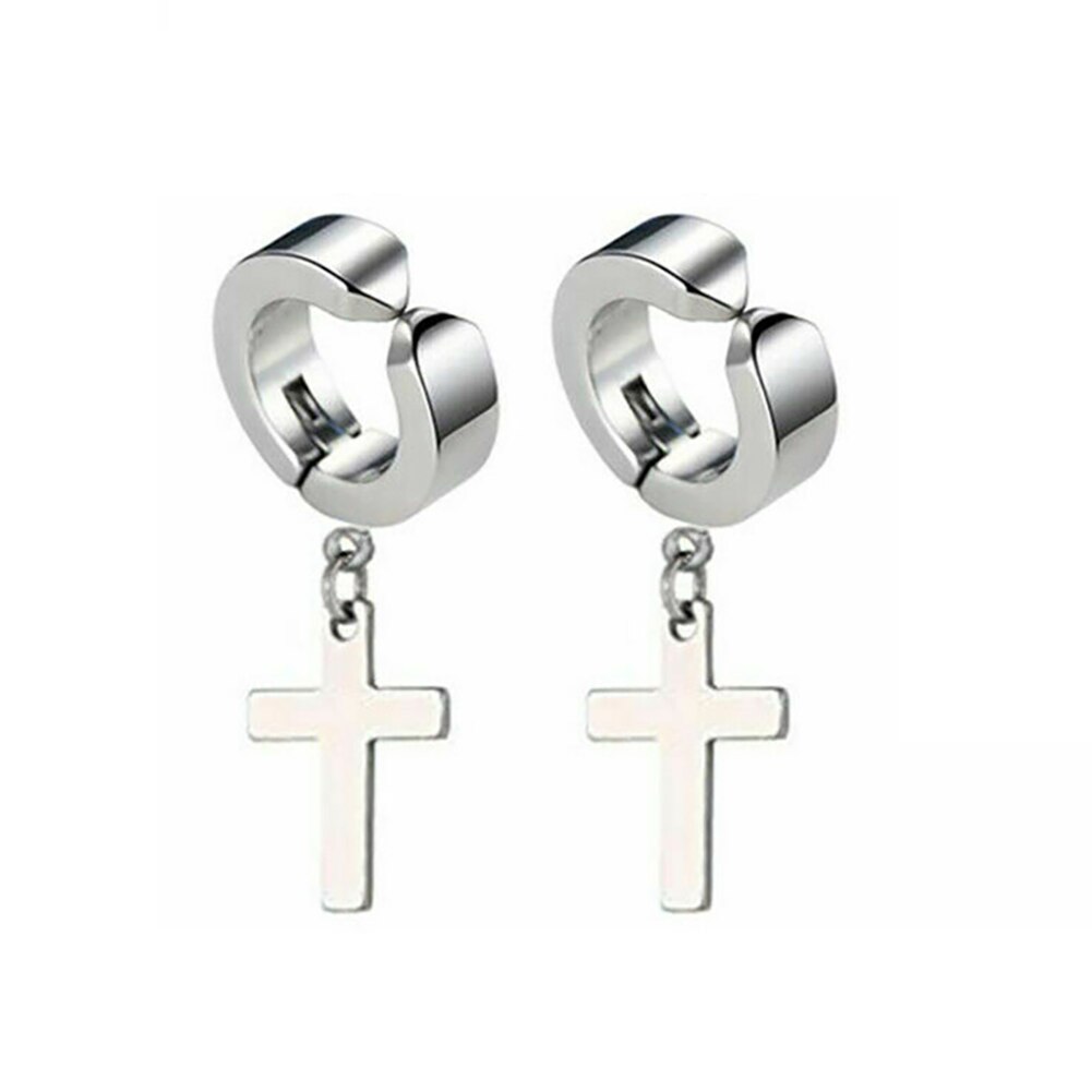 1 par gotiske smykker langhængende øreringe dangle cross øreringe mand runde øreringe rustfrit stål øreringe til kvinder: Sølv