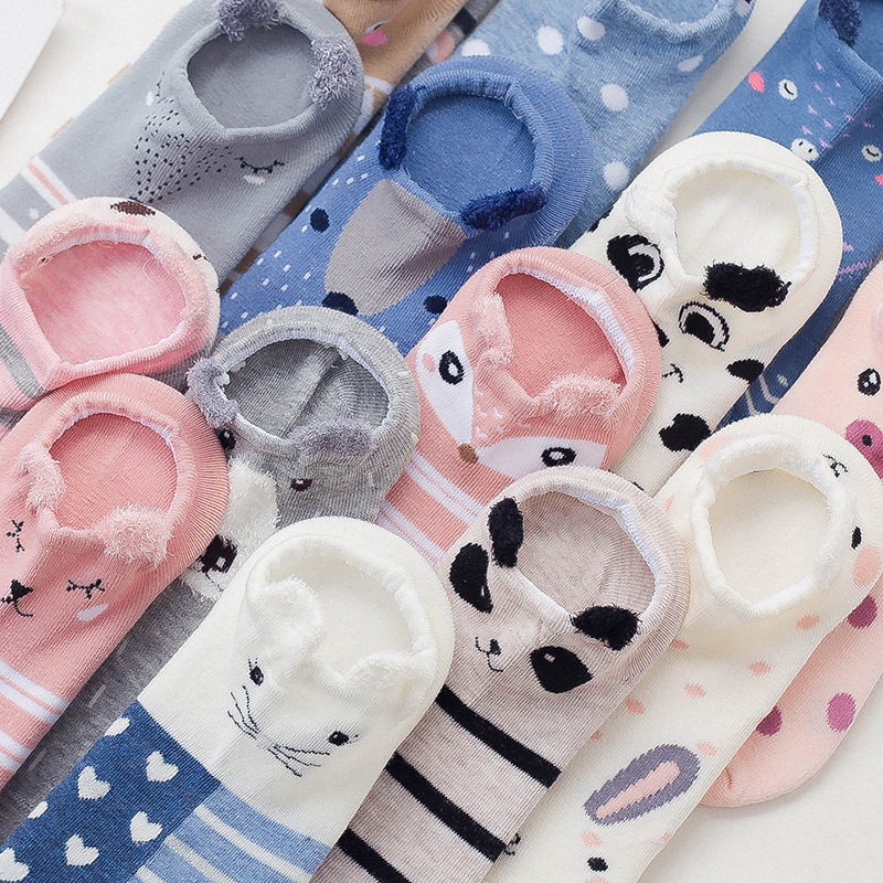 2 piezas = 1 par de calcetines de mujer, calcetines estéreo de dibujos animados de animales, calcetines de algodón escotado, calcetines invisibles para verano