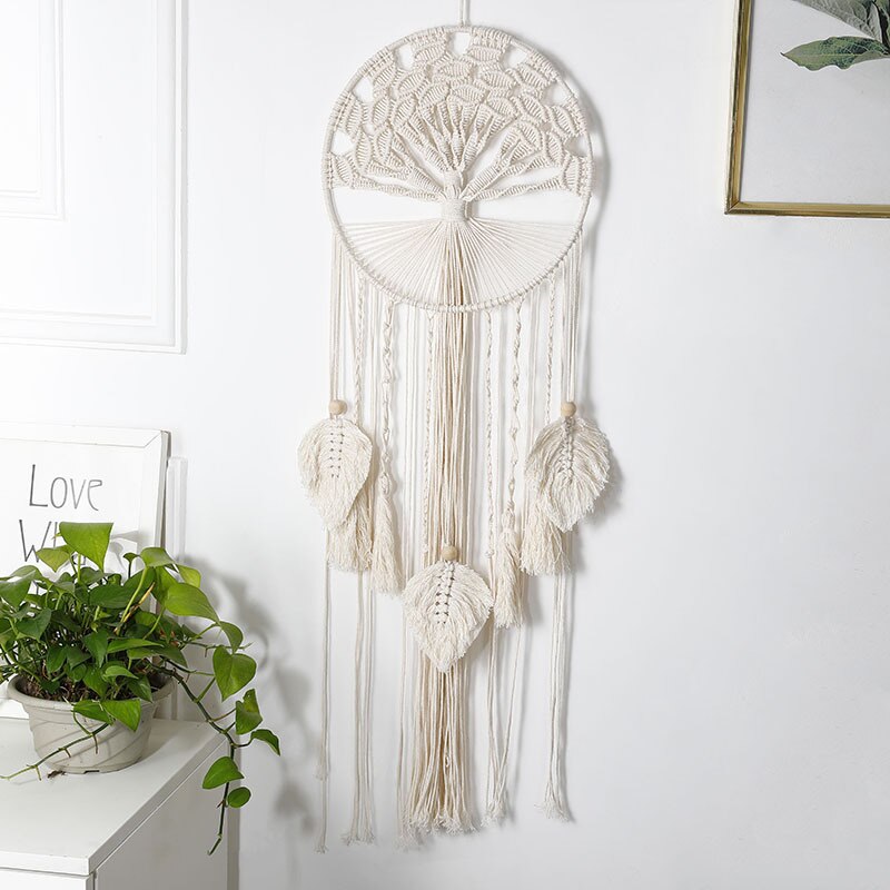 Livets träd drömfångare boho beige tofsar makrame hantverk handgjorda vägghängande bröllop hem sovrum dekoration drömfångare: 30 x 90cm