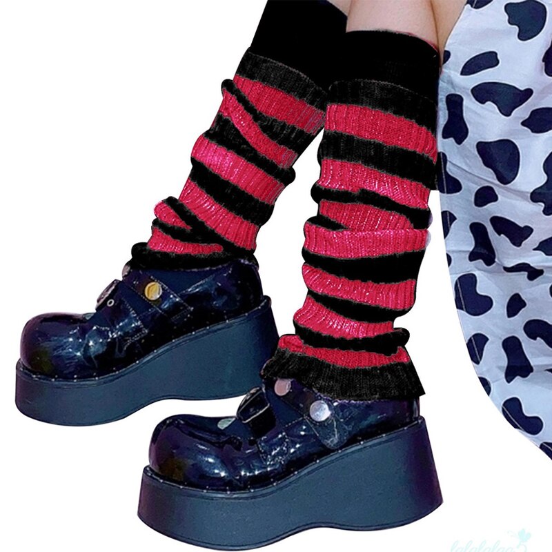 Punk Striped Cool Knit Long Socks Women Outdoor Knee High Elastic Leg Winter Warmers Lady Warm Slim Gothic Hip-hop Rock Sock