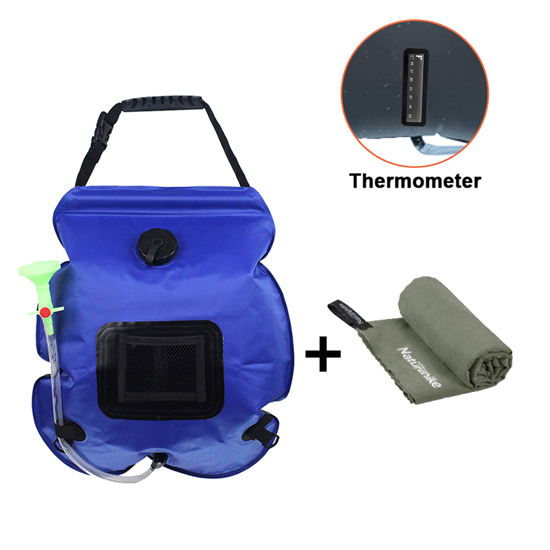 20L Solar- Dusche Tasche wasserdicht für Camping Tragbare Wasser Taschen draussen Faltbare Heizung Umschaltbar Kopf Mit Schnell Trockenen Handtuch: Handtuch Blau einstellen