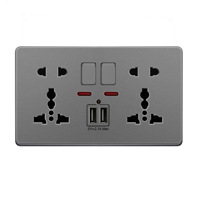 Multifunction UK 13A Wall Socket Push Button 2.1A Double USB Charging Ports Three-hole Two-hole Home Wall Outlet Button: Gray