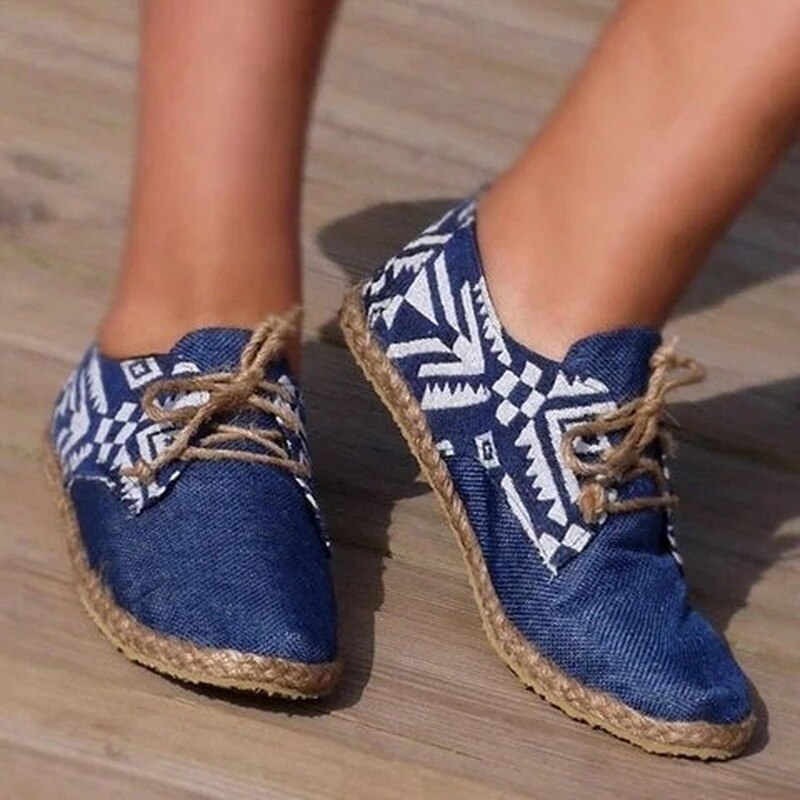 Blauw Platte Schoenen Vrouwen Lace-Up Schoenen Platte Platform Dames Comfortabele Schoenen Casual Echt Gehaast Hennep Zapatillas Mujer sapatos