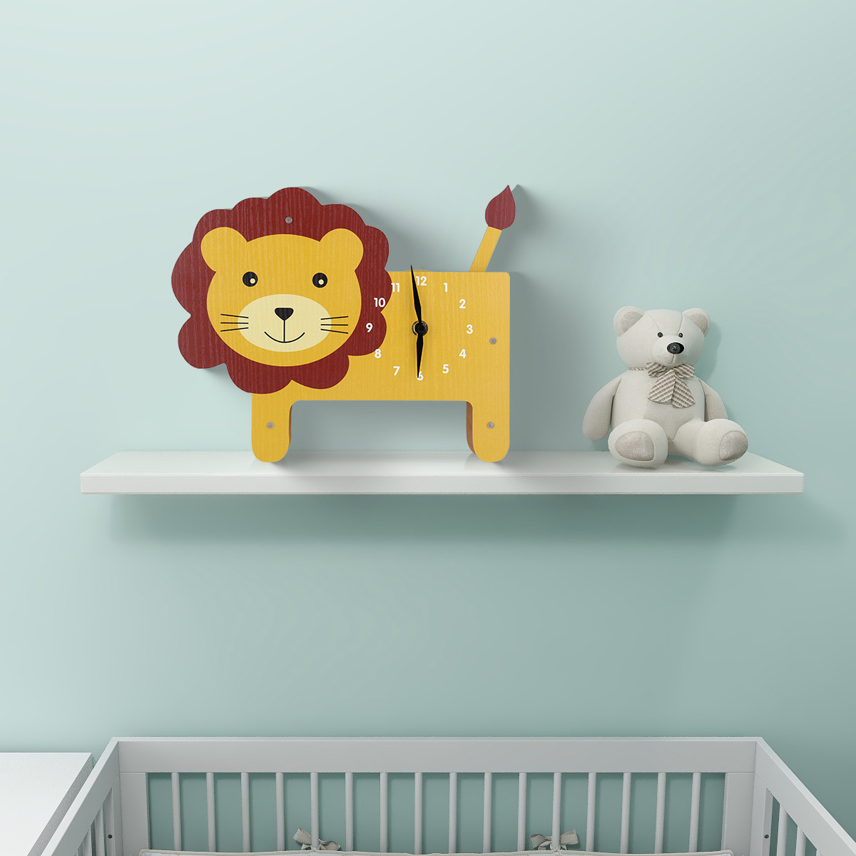 Tooarts dessin animé Animal horloge Lion horloge MDF en bois horloge murale pour enfants chambre salon, décor à la maison