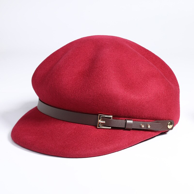 01908- jinri 70 høst vinter ullbelte dame åttekantet lue kvinner fritid beret cap: Rød