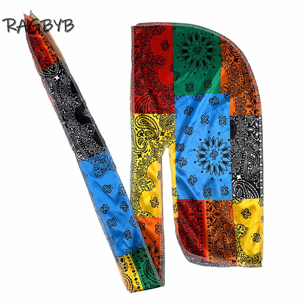 Men Silk Durag Paisley Printing Silky Durags Bandanas for Men Long Straps Headwear Head Scarf Wave Cap Headwrap Durags