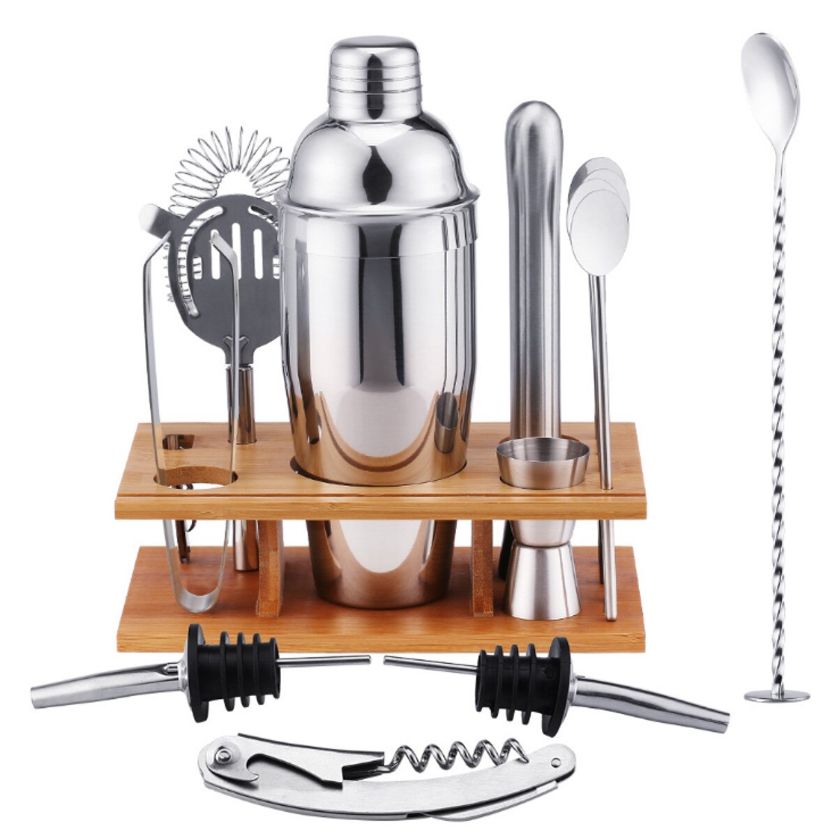 14pcs 550/750ml 304 Stainless Steel Cocktail Shaker Set Barware Kit with Bamboo Wine Rack for Bartender Drink Party Bar Tool Set: 550ml