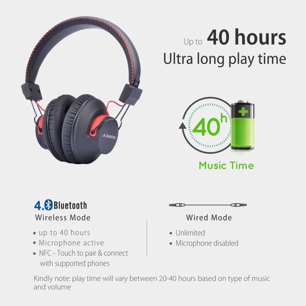 Avantree 40 hr Wireless Wired Bluetooth Over Ear Headphones with Mic,aptX HiFi Headset,Extra Comfortable and Lightweight