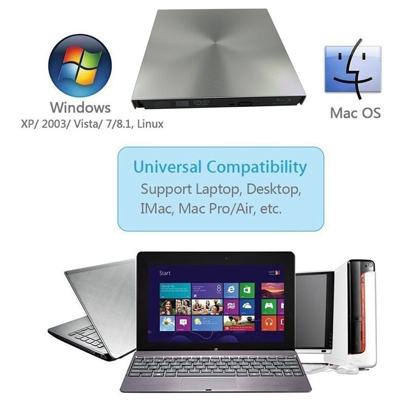 Externe 3d blu-ray dvd-drive usb 3.0 bd cd dvd-brander speler schrijver lezer voor mac os windows 7/8.1/10/ linxus, laptop, pc