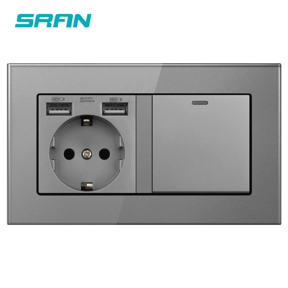 Sran eu vägguttag med vippströmbrytare， 220v 16a- uttag med usb 146*86 kristallglaspanel med ljusströmbrytare 1 gäng 1/2/3- vägs: Övrig / 1 gäng 1 väg