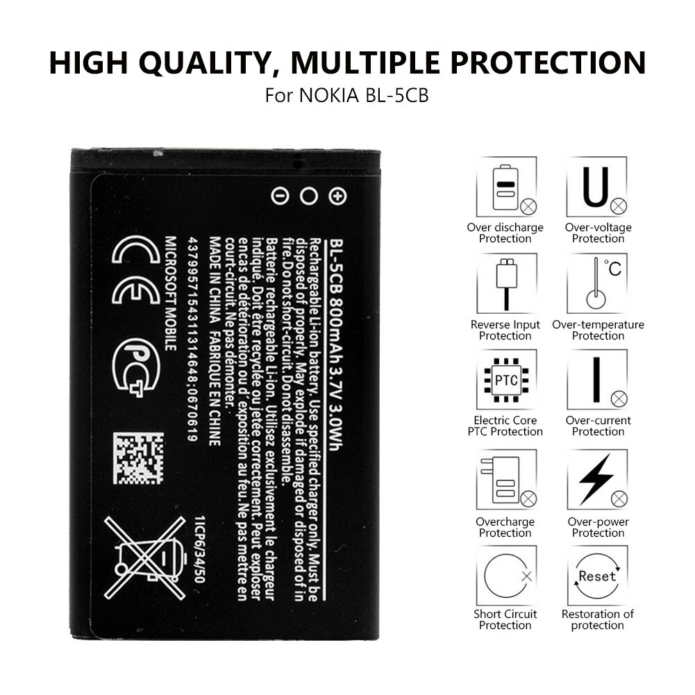 Bl -5cb 3.7v 800 mah batteri til nokia 3108 2135 6086 6108 6230 6820 7610 n72 n91 100 101 103 105 109 111 113 1000 1282 c1-01