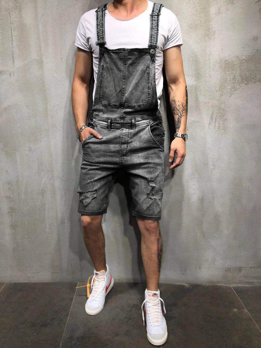 Monos vaqueros rasgados para hombre, Peto vaquero desgastado corto de gran tamaño, mono con tirantes: Grey / XXXL