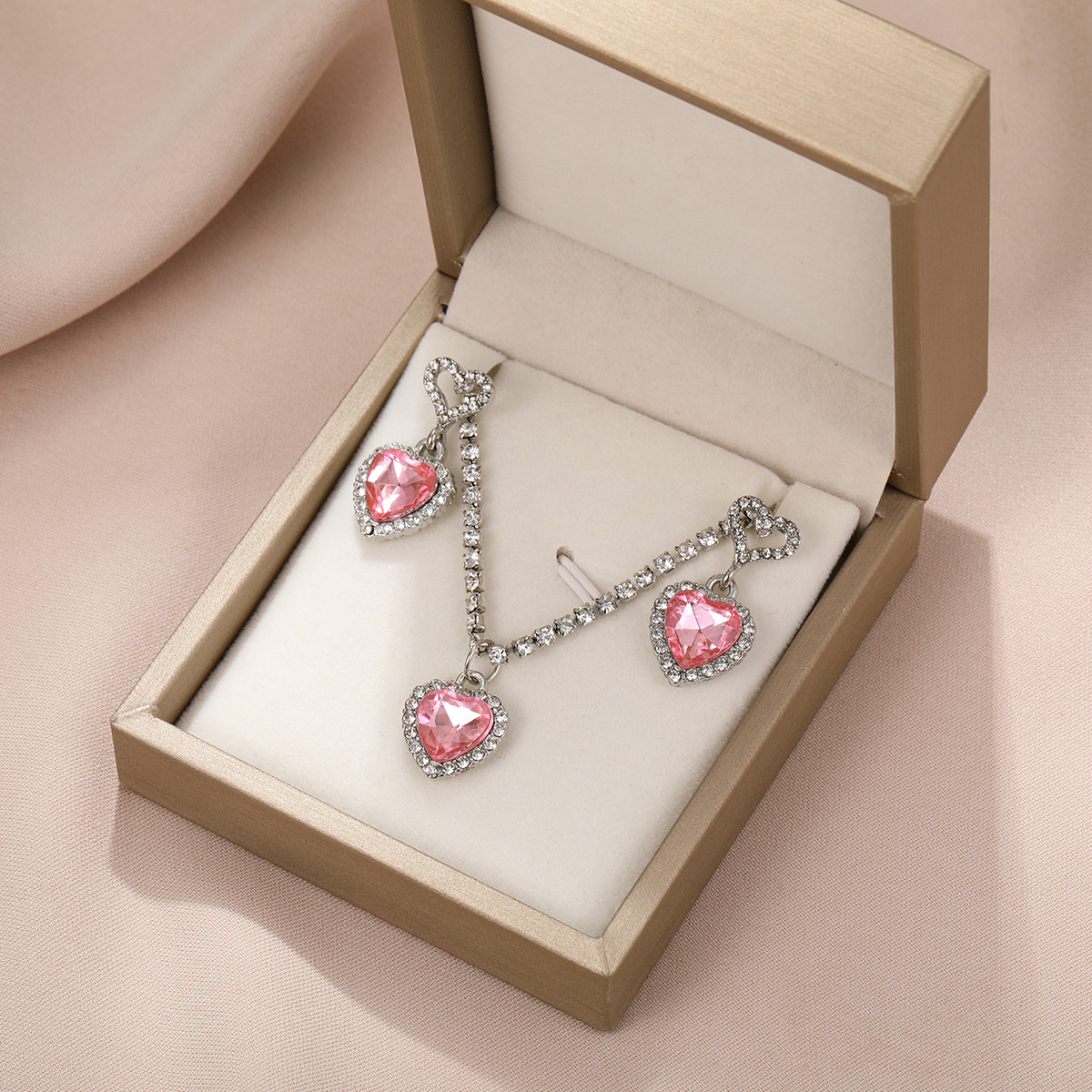 Conjunto de collar y pendientes de cristal rosa con circonita de corazón para mujer, collar colgante de lujo, pendientes, conjuntos de joyería de boda, , 3 uds.