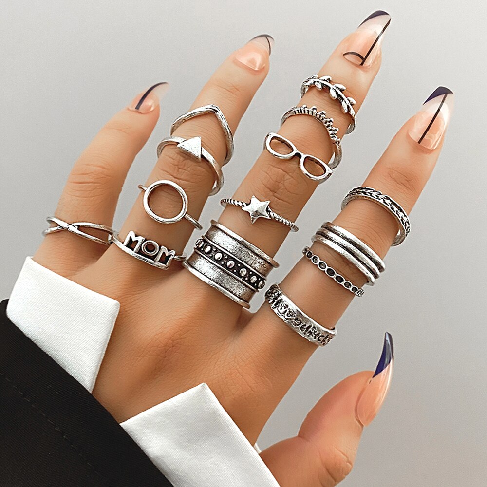FNIO Trend Silver Color Geometric Personality Rings Set For Men Women Hip-Hop Punk Rings Party Jewelry: FN31813854