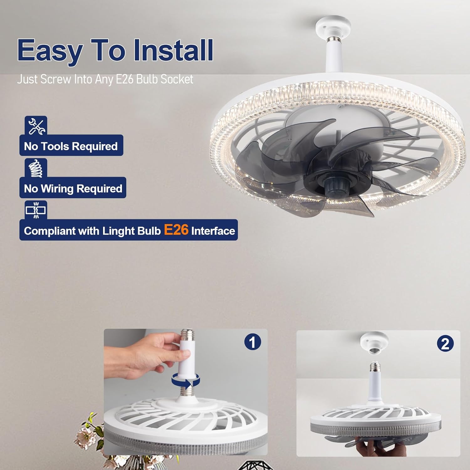 Socket Fan Light Socket Fan Ceiling Fan With Light Remote E27 Base 4 Speed Wind Adjustment Dimmable Light for Bedroom Kitchen