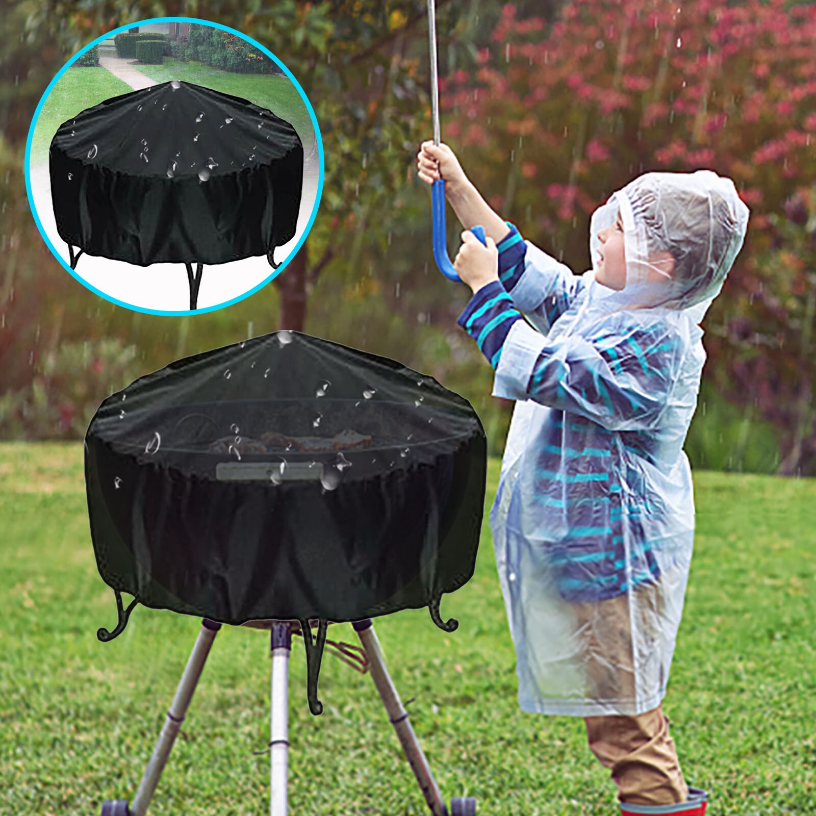 Waterproof Patio Fire Pit Cover Black UV Protector Grill BBQ Shelter Outdoor Garden Yard Round Canopy Furniture Covers