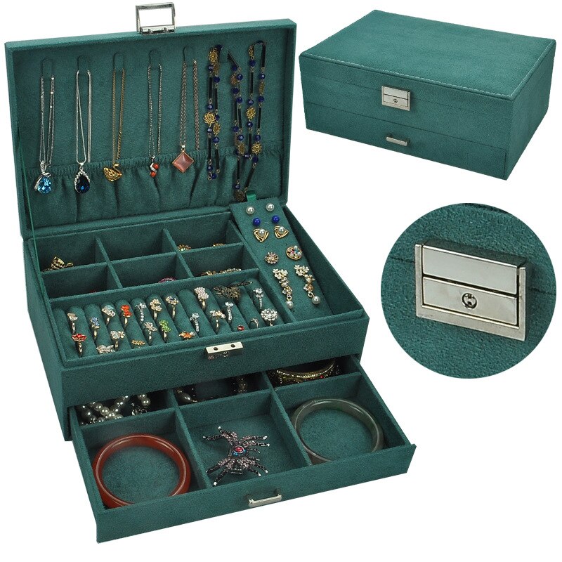 Fluwelen Sieraden Doos Multi-layer Oorbellen Storage Case 2 Lagen Mode-sieraden Organizer Hoogwaardige Flanel Draagtassen: green