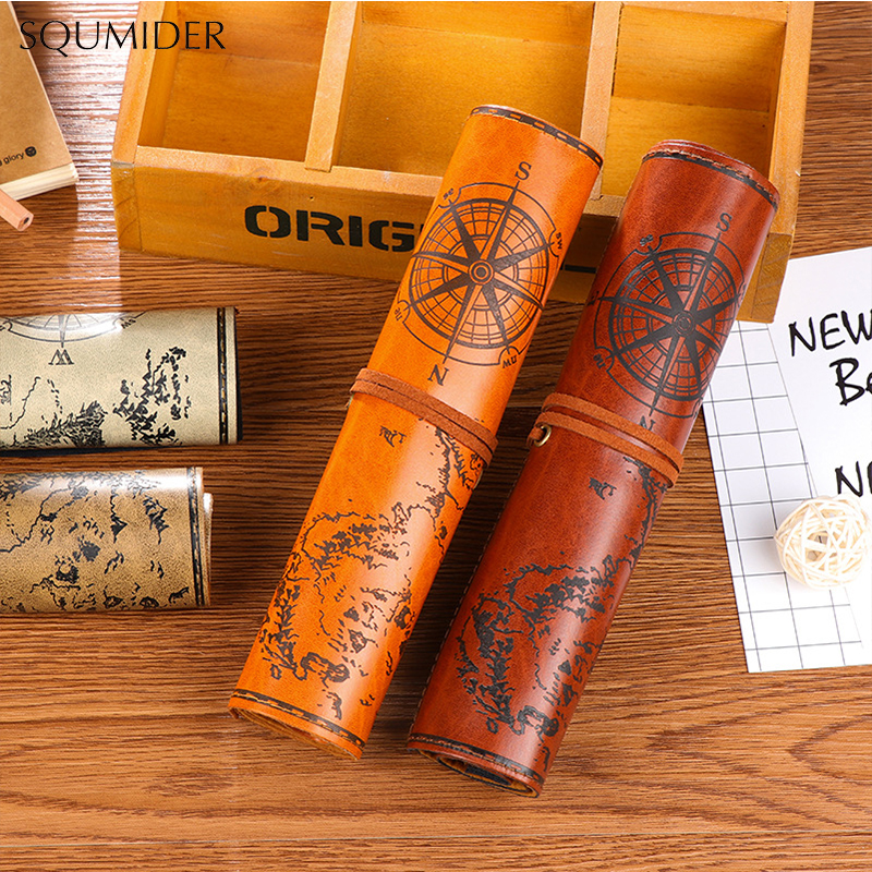 Saco de lápis de couro de rolo do vintage mapa do tesouro grandes casos de lápis estudante caneta saco de armazenamento escola esboço colorido lápis volume