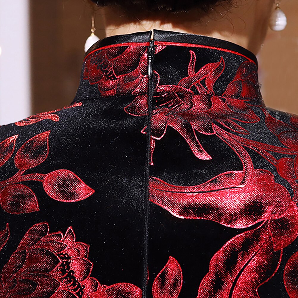 Cheongsam Kostuum Korte Mouw Print Hoge Split Side Traditionele Chinese