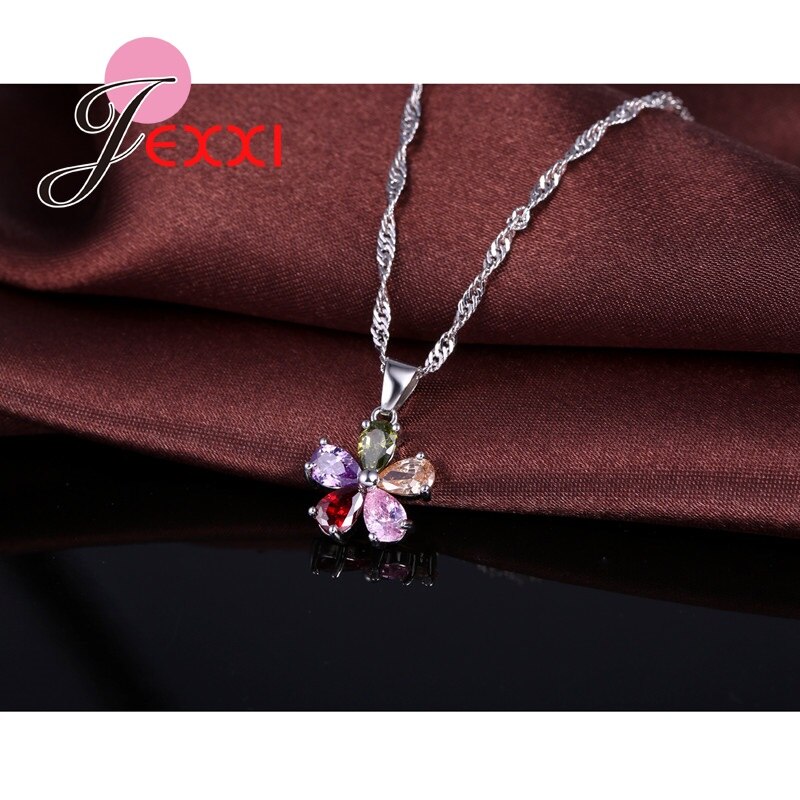 Vijf Kleuren Bloem Sieraden Sets Met Kleurrijke Cubic Zirkoon Hanger/Ketting/Oorbellen/Ring Sieraden Set