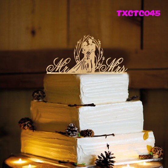 Mixed Style Wood Rustic Wedding Cake Topper Bride and Groom Silhouette , Mr & Mrs Topper for Wedding Decoration Anniversary