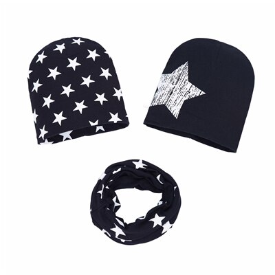 Driedelige Kinderen Hoeden Sjaal Baby Jongens Gedrukt Gebreide Caps Lente Herfst Kids Peuter Star Katoen Papa Mama Caps 6M-36Month: B